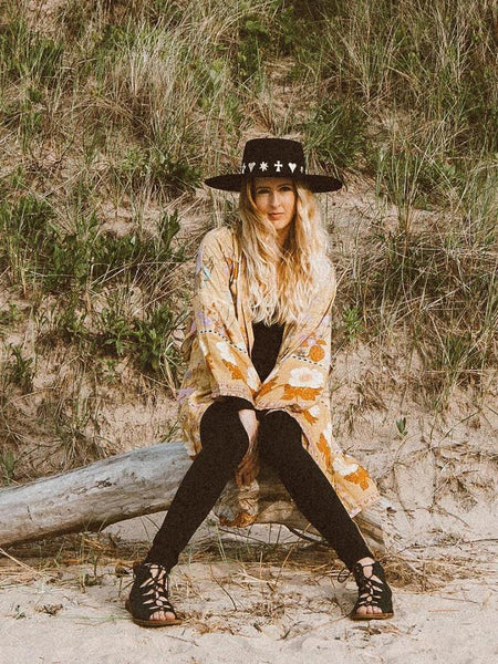 Wild Bloom Kimono Yellow Or Pink You Choose Floral Print With Big Flowers Bohemian Border And Waist Tie Great With Jeans Or Wear As A Bikini Cover Available In Small Medium Or Large